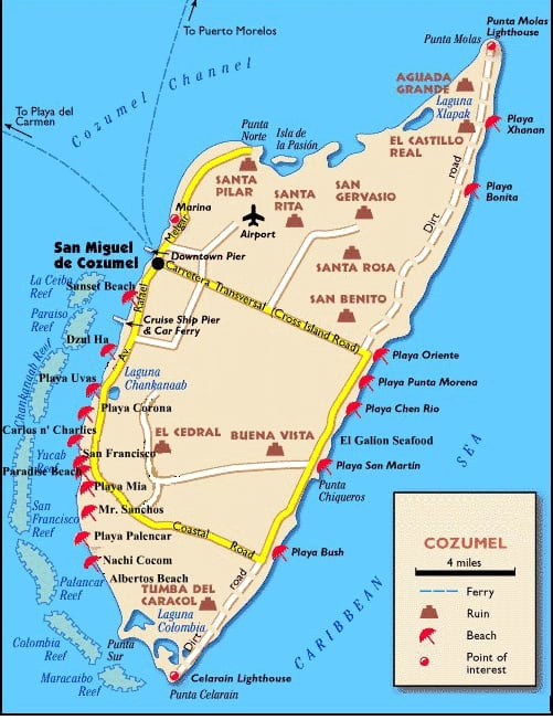 Mapa de las playas de la isla de Cozumel